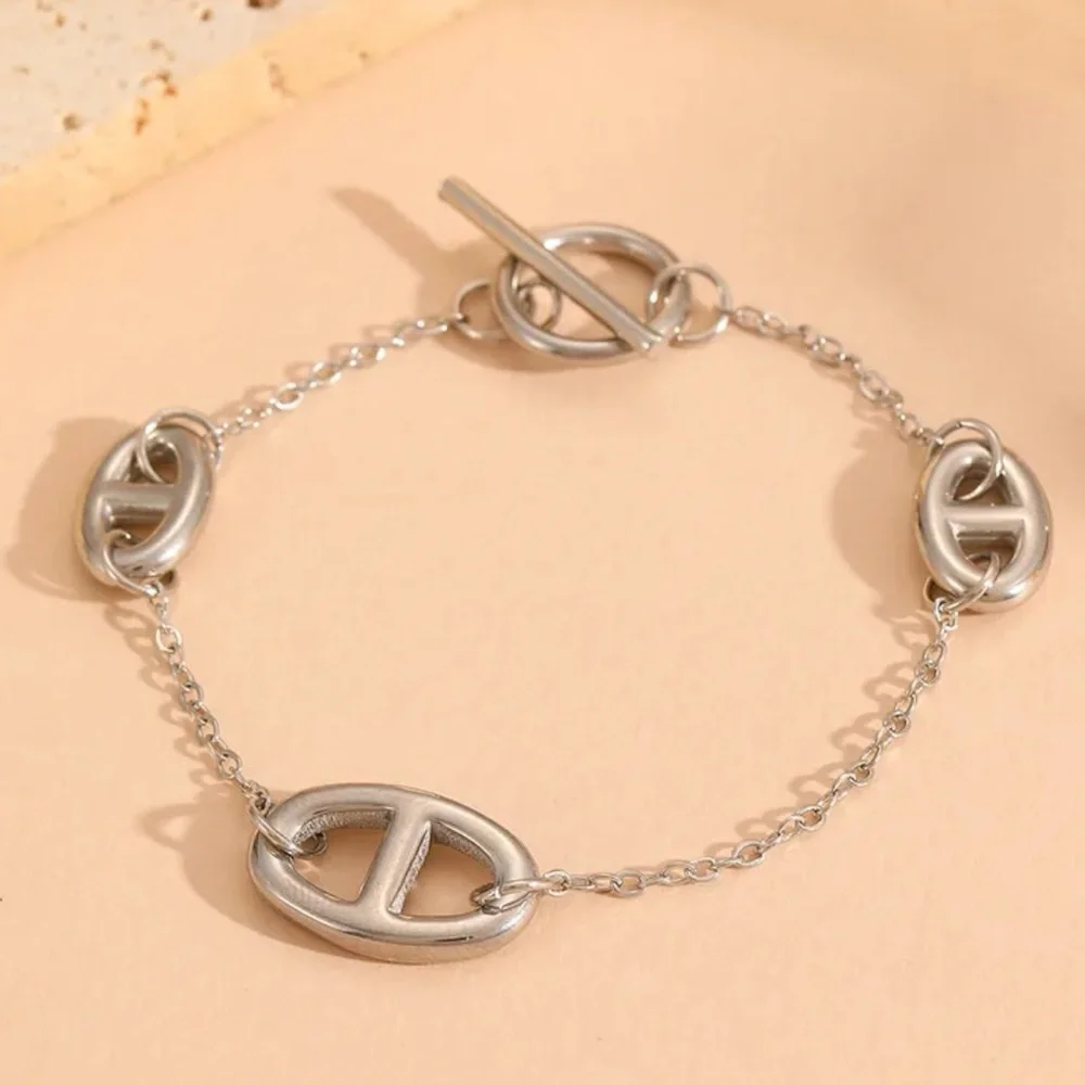 Multilayer Sterling Silver Plated Pig nose Necklace Bracelet Set Stainless Steel